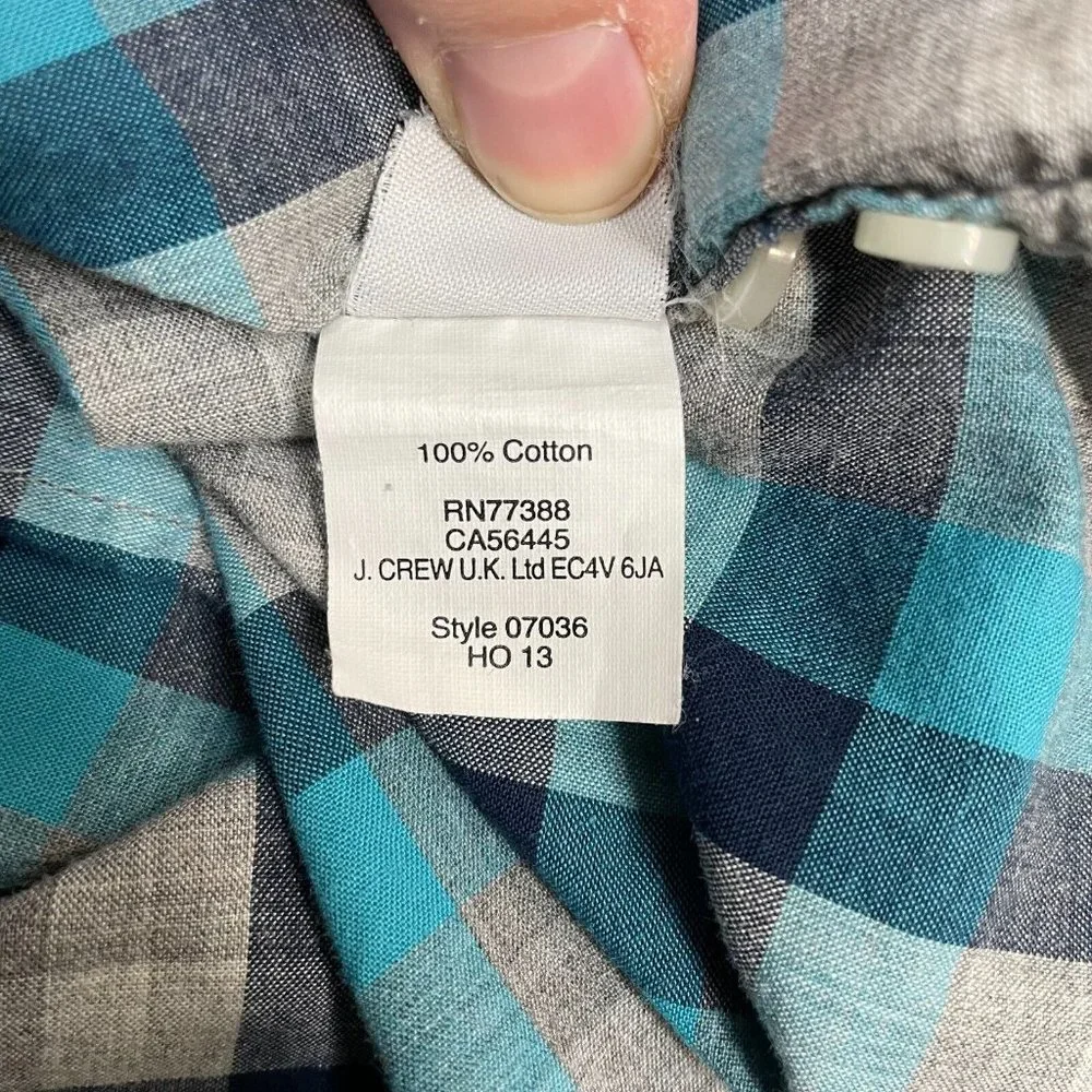 J. Crew Shirt Large Blue Gray Plaid Cotton Button-Front Long Sleeve Casual Men's